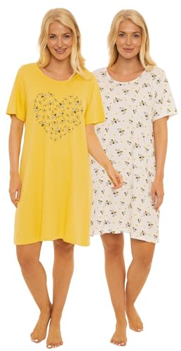 Suzy & Me Womens Pack of 2 Short Sleeved 100% Cotton Jersey Nightshirts. Butterfly, Heart, Stag, Bee, Campervan Print Designs (BEE, 16-18)