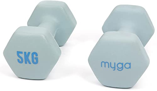 MYGA Hex Dumbbells - Pair of Neoprene & Cast Iron Hexagonal Dumbbell Hand Weights for Women and Men at Home & Gym - Weight: 5 kg