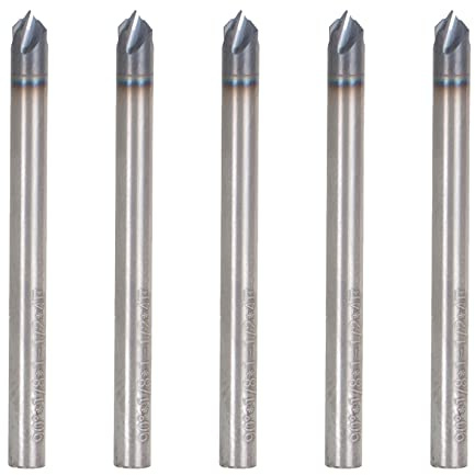 findmall 5Pcs 1/8 Inch Helix Carbide End Mill Tialn Coated 4 Flute 90 Degree Chamfer Angle Fit for Aluminum Cut Non-Ferrous Metal Upcut CNC Spiral Router Bit