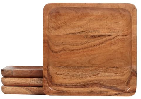 Lavaux Designs Ensemble d'assiettes en bois d'acacia, lot de 4 assiettes de présentation carrées en bois | 25x25 cm | Incassable | sans joint | Revêtement de qualité alimentaire