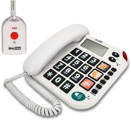 G-TELWARE MAXCOM KXT481SOS 2023-2024er Modell Haus Notruf Seniorentelefon mit Funk-SOS-Sender, Festnetztelefon - 1 Handsender mit Schlaufe, Carbonschwarz, Standard