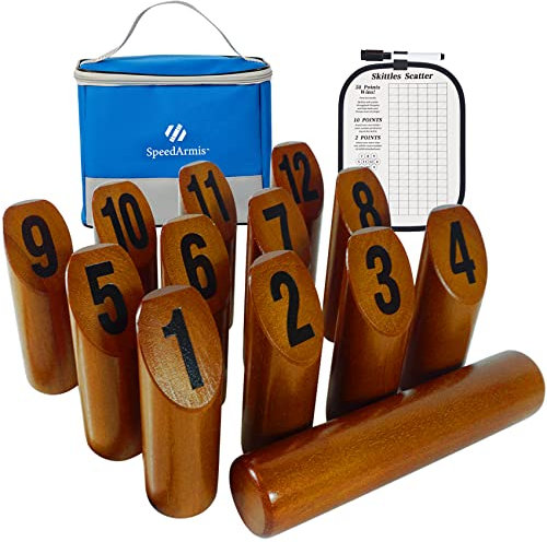 SpeedArmis Juego de lanzamiento de madera – Juego de 12 juegos de lanzamiento de bloques numerados con marcador y funda de transporte, actividades de patio de bolos para adolescentes y adultos