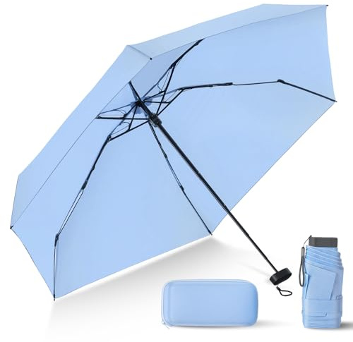 LEAGERA Compact Travel Umbrella with Case - Mini Umbrella for Purse, Small Lightweight &Tiny Design Perfect for Parasol Outdoor Sun&Rain Umbrellas, Light Blue