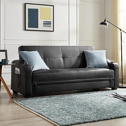 Home Detail Nebraska Faux Leather Sofa Bed, Sofa Bed with Storage, Cupholders & Pockets Black Faux Leather Clic Clac SofaBed Settee
