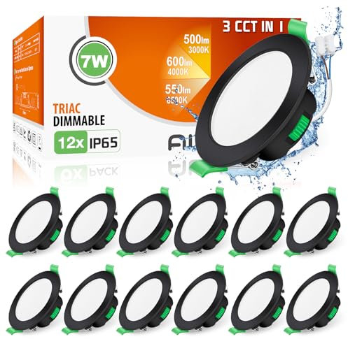 ALUSSO LED Einbaustrahler 230V Dimmbar IP65 Schwarz Spots Ultra Flach Deckenspots 7W Einbauleuchten Warmweiß Neutralweiß Kaltweiß Einbauspots Deckenstrahler für Badezimmer Wohnzimmer Küche, 12er Set