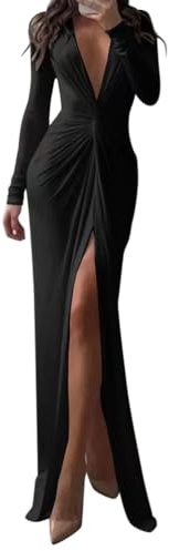 ORANDESIGNE Femme Robe Longue De Soirée Chic Et Glamour Mariage Fluide Cérémonie Décolletée V Sexy Robe Maxi Slim Moulante Stretch Crayon Elegant Cocktail Fête Noir M