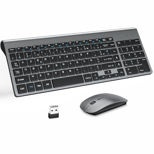 Ensemble Clavier et Souris sans Fil Ultra-Mince avec Pad Souris, MOOJAY 2.4G USB Silent Compact Ciseaux Clavier d'interrupteur Souris avec Couvercle, Piles AA et AAA, pour PC/Laptop/Windows-Gris Noir