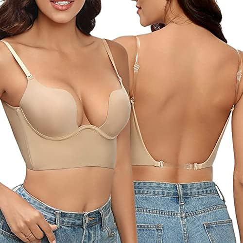 Soutien-Gorge Dos Nu Invisible Push Up Deep V Sans Armature - Brassière Dos Bas en U Transparent - Lingerie Amovible Transparente pour Mariage