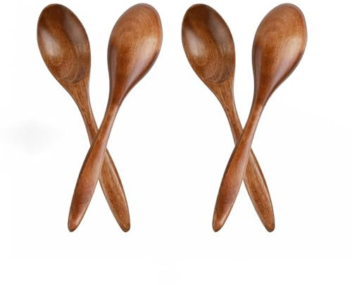Lot de 4 Cuillères en Bois pour Miel, Dessert, Soupe - à Mélanger et Remuer - pour Chocolat Chaud, Café et Thé