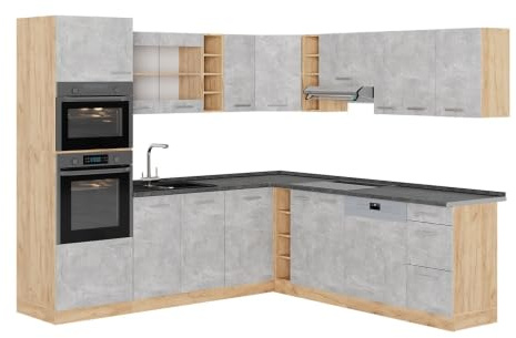 Vicco Hörnkök R-Line, betong/Goldkraft ek, 247 x 237 cm, AP Antracit, för individuell konfiguration och utbyggnad med ytterligare moduler