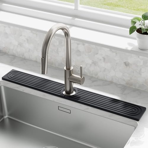 DK177 Faucet Mat for Kitchen Sink - Water Absorbing Stone Tray for Sink, Diatomite Fast-Drying Faucet Mat, Faucet Splash Guard for Bathroom Counter (Dark Gray, 30 x 4)