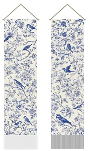 AHANDMAKER Confezione da 2 Arazzi floreali in cineserie blu e bianco, stile cinese, verticale, lungo, da appendere alla parete, per camera da letto e soggiorno, 33 x 130 cm