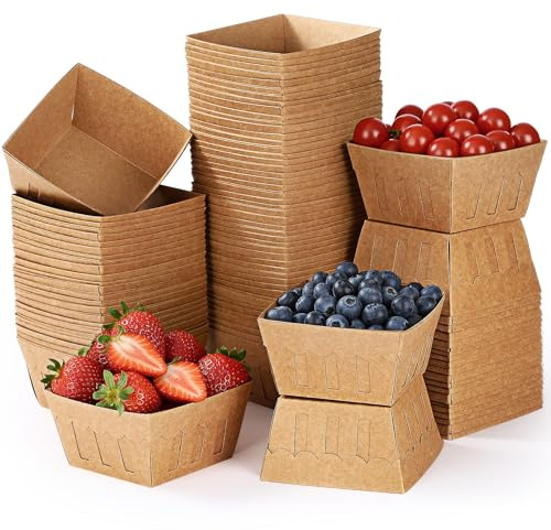 ForraFun 100 Pcs 1 Pint Kraft Paper Produce Baskets, Vented Fiber Berry Baskets, Farm Stand Containers for Berries Fruits Vegetables Fresh off Bridal Locally Grown Baby Shower Party Decor
