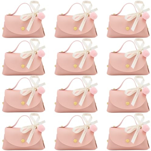 CALFOVERA 12 Set di Scatole per Bomboniere in Pelle PU Rosa Mini Borse in Pelle per Confezioni Regalo Sacchetti Riutilizzabili Caramelle al Cioccolato Eleganti Borse Dolcetti con Nastri
