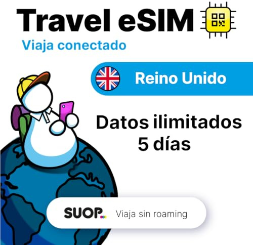Tarjeta eSIM prepago móvil con Datos ilimitados en Reino Unido. Viaja por UK sin Roaming. Internet móvil de Alta Velocidad 5G. Fácil de Instalar escaneando un código QR (GB ilimitados - 5 días)