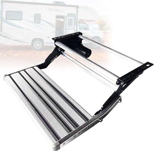 Elektrisk husbilstrappa, hopfällbar husbilstrappa i aluminiumlegering, manuell elektrisk infällbar husbilstrappa, med LED-ljus, 200 kg kapacitet, för husbilar Single