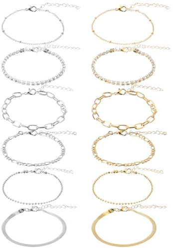 Tyqour 12PCS Ankle Bracelets for Women 9.25 In Anklets for Women Silver Gold Women's Anklets Waterproof Adjustable Size Summer Beach Jewelry Gift for Women Teen