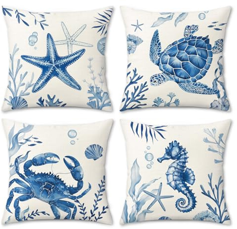 Bonhause Fundas Cojines Azul Marino Costero 45 x 45 cm Funda de Almohada Tortuga Marina Cangrejo Estrella de Mar Océano Playa Cojines Decorativos Verano para Sofá Cama Patio Hogar Juego de 4