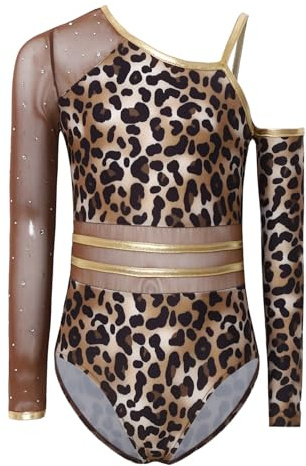 Yruioon Ropa Gimnasia Niñas Con Glitz Brazos Largos Estampado Leopard Atuendo Baile Ballet Traje Patinaje Artístico Body Overall Traje Baile Concursos