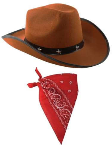 Kids Brown Star Studded Cowboy Hat With Red Paisley Bandana Western Fancy Dress Rodeo Festival Party Costume Accessory For Country Theme Events Halloween Dress Up