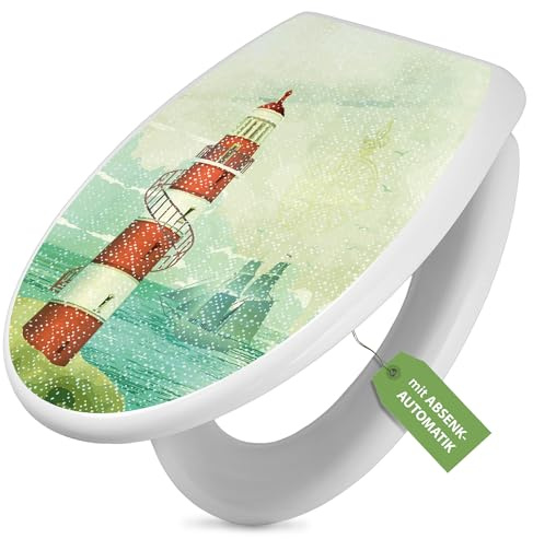 banjado Toilettendeckel mit Absenkautomatik 44,5x37cm - Soft Close Toilettensitz - WC Sitz mit Absenkautomatik - Klodeckel aus Duroplast mit Edelstahl Scharnieren, einfache Montage - Motiv Alter Leuch