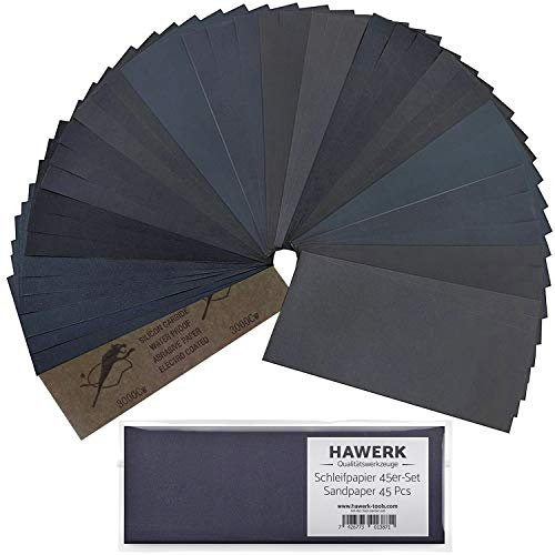 HAWERK Lija Carburo de Silicio Grano 80-3000 - Juego de Lija 45x Uds. Resistente al Agua - Juego Lijas Carburo de Silicio para Metal Madera y Piedra - Para Coche Paredes y Manualidades
