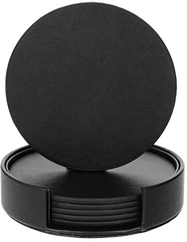 metagio 6 Packs PU Leather Coasters for Drinks with Holder, Round Drink Coasters Set PU Leather Cup Mats for Coffee Beer Tea Mug Wine Pub, Protecting Your Furniture from Scratch&Water Marks(Black)