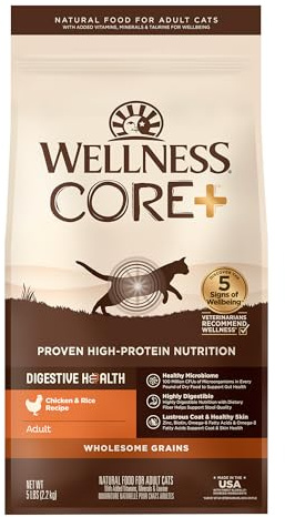 Wellness CORE+ Adult Dry Cat Food, Natural, Wholesome Grains Kibble, Digestive Health Chicken and Rice Recipe, 5 lb Bag