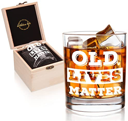 LIGHTEN LIFE Old Lives Matter Whiskey Glass 340ml,Rock Glass in Valued Wooden Box,Funny Birthday or Retirement Gift for Grandpa,Dad