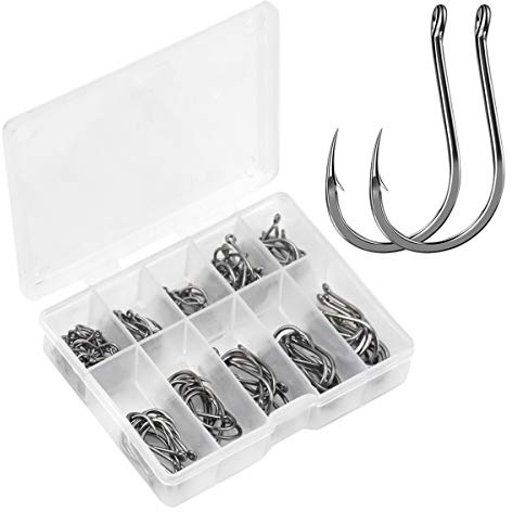 Focenat 100 Pcs Barbed Fishing Hooks, 10 Sizes Fish Hooks 3# - 12#, Eyed Fishing Hooks, Circle Hooks for Fishing in High Carbon Steel with Plastic Box