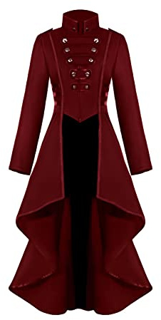 Steampunk Vintage Frack Giacca da donna con orlo irregolare, vestito gotico, gonna da passeggio vittoriana, cappotto lungo, rinascimentale, medievale, cosplay, uniforme, costume da donna (rosso, L)