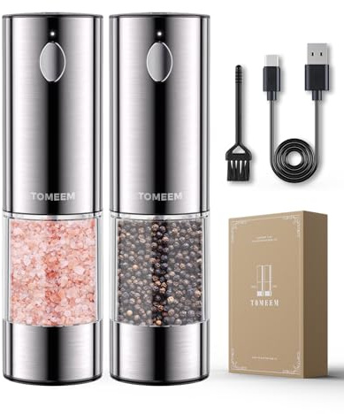 TOMEEM Upgraded Larger Capacity Electric Salt and Pepper Grinder Set Rechargeable with LED lights, Stainless Steel Automatic Pepper and Salt Grinder Refillable with 5 Adjustable Coarseness