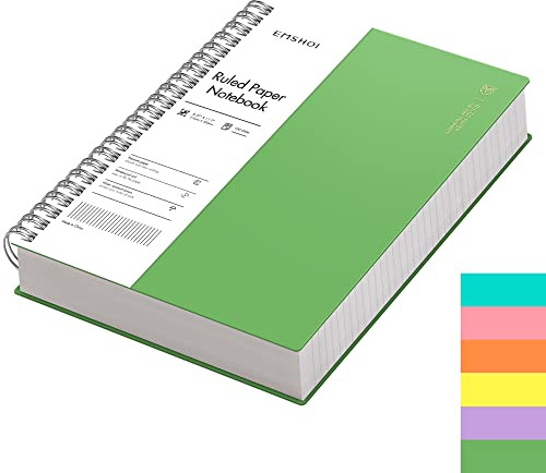 EMSHOI A4 Notebook Lined, Spiral Journal, 300 Pages, PVC Cover, Green | 100GSM Paper, Flexible Plastic Cover, Notepad with Sticky Notes, Pocket, Pen Loop, Bookmark Ruler for Writing, 21 x 28.5cm