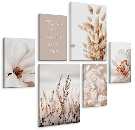 Muralo - Juego de murales - Lienzo listo para colgar en estilo boho - cuadros en lienzo - cuadros para sala de estar - moderno juego boho - beige - 2 cuadros de 30 x 40 cm y 4 cuadros de 20 x 30 cm