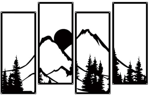 ruelen 4 Stück Metall Sonnenuntergang Berg Wald Wanddekoration, Linienzeichnung Wandkunst Minimalistische Wanddekoration Rustikale Natur Home Skulptur für Büro Wohnzimmer Innen und Außen (Bergwald)