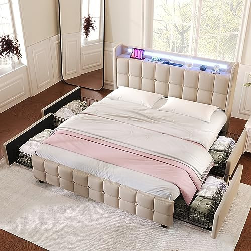Kayan Polsterbett mit USB Ladefunktion und LED-Kopfteil und 4 Schubladen, Doppelbett 160x200cm Stauraumbetten Jugendbett Bettgestell, Lattenrost aus Holz, Ohne Matratze (160x200cm, Beige)