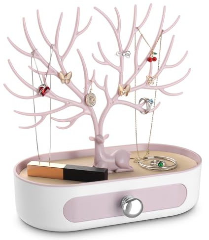 penobon Albero Espositore Gioielli con Cassetto, Porta Gioielli per Orecchini, Collane, Bracciali e Anelli, Plastica, Maniglia Placcata in Argento (Bianco-Rosa)