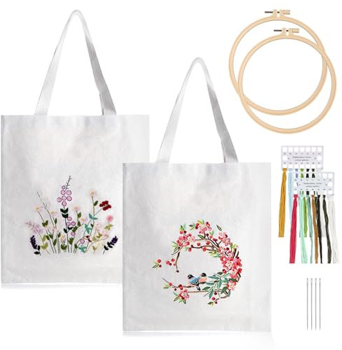 Canvas Tasche Stickerei Set, 2 Pcs Canvas Tote Bag Stickset Mit Muster Und Anleitung, Stickset Für Segeltuchtasche, Sticken Set Erwachsene, Anfänger Stickerei Set, Leinen-Tragetasche Stickpackung