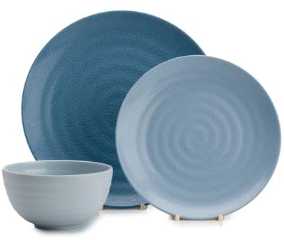 FLAMEFIELD Shades of Blue - Juego de vajilla de melamina de 12 piezas, diversos tonos oceánicos, platos y cuencos resistentes a los golpes, perfecto para comedor interior y exterior, apto para