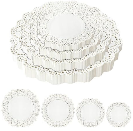 NyxSeat Blocchi di carta rotondi bianchi, 200 fogli, carta decorativa in pizzo, per torte, tovaglie, sottobicchieri, tovagliette in pizzo, per decorazioni alimentari (4 misure)