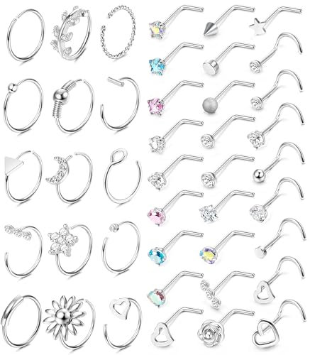 JeweBella 18G/20G Nasenpiercing Ring für Damen Herren Nasenpiercing Stecker Chirurgenstahl Hypoallergen Klein Nasenstecker Nostril Piercing Nase CZ Screws Nasenringe Piercing Silber Nasenpiercing