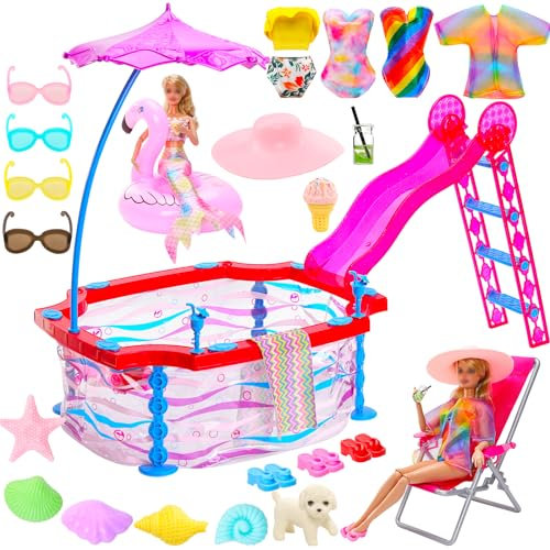 Festfun Poupée Piscine Glamour avec Vêtements et Accessoire de Poupée de 11,5 Pouces - 6 Maillots de Bain, Toboggan, Serviette, Sandales,etc. Accessoire Piscine de Poupée de 11,5 Pouces(Non Poupée)