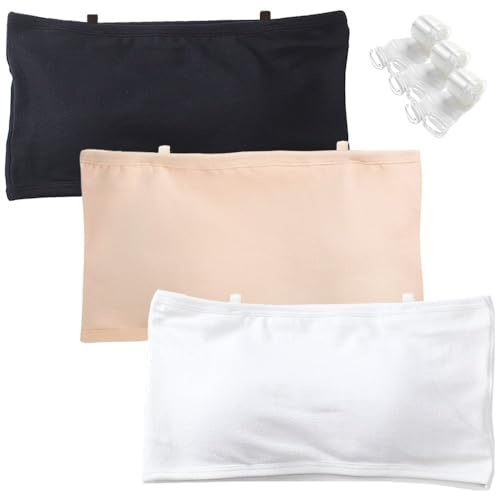 Bysion Teen Girls Strapless Bandeau Bra Seamless Underwear Tube Bra with Fixed Bust Pad and 3 Invisible Strap Bralettes for Kids 10-16 Years (3 Pack)