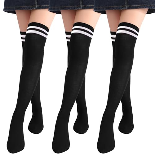 Zuimei 3 Pairs Long Thigh High Socks Womens, Striped Knee Thigh High Socks for Ladies Girls Black Stripes Over Knee Long Tube Stockings Casual Daily Cosplay UK 4-5.5