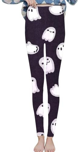 Damen-Leggings für Weihnachten, elastische Hose, Thermo-Leggings, Herbst-Fleece, warm, Halloween-Druck, niedlicher Stil, hohe Taille, Fitness-Leggings, weiß, M