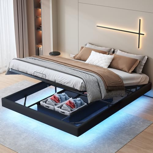 Letto imbottito 160x200 cm, struttura letto matrimoniale, con illuminazione a LED, struttura letto sospesa con rete a doghe, box contenitore, senza testiera, senza materasso (Nero, 160x200cm)