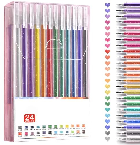 OWill Bolígrafos Colores Destello - Set de 24 Colores con Bolígrafo Gel Brillante y Metálico Perfecto para Colorear, Dibujar y Proyectos Artesanales