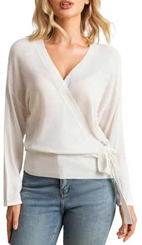 LANSALIRO Women's Boho Wrap Tops Summer Lightweight Loose Fit V Neck Long Sleeve Beach Knit Sweaters Beige