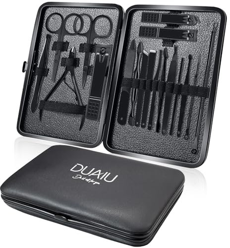 DUAIU Professionelles Maniküre Set, 18-teiliges schwarzes Edelstahl-Nagelknipser-Set mit Lederetui - ideales Reise-Pflegegeschenk für Männer/Frauen