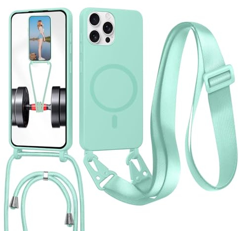 GoodcAcy Crossbody snodd fodral för iPhone 12/iPhone 12 Pro, [kompatibel med MagSafe] magnetiskt fodral med rem justerbar och avtagbar hals, anti-fingeravtryck, mintgrön